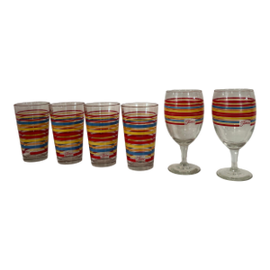 Vintage Fiesta Drinking Glasses and Two Water or Iced Tea Glasses - Red, Yellow and Blue Stripes With Fiesta Mark on Front Panel - Set of 6