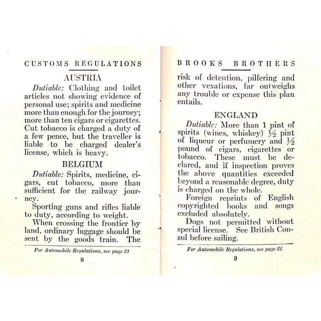 Brooks Brothers Customs Regulations a Companion Book "Going to Europe" 1911 For Sale In New York - Image 6 of 10