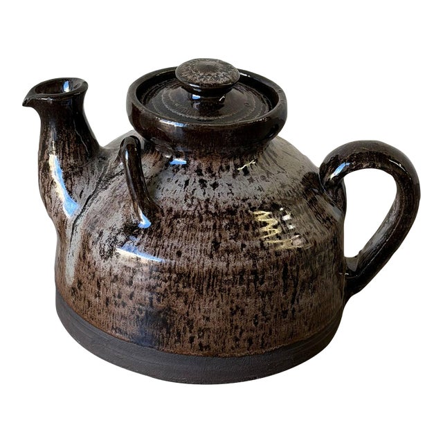 Vintage Danish Studio Pottery Teapot – Brown Drip Glaze Stoneware, 1970s For Sale