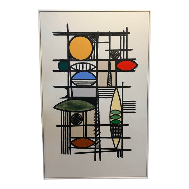 French Artist Patrice Bertin Geometric Composition Oil on Canvas Framed, Signed and Dated For Sale