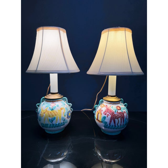 1960s Italian Hand-Painted Ceramic Bedside Lamps With Stylized Animal Motifs - a Pair For Sale - Image 10 of 10