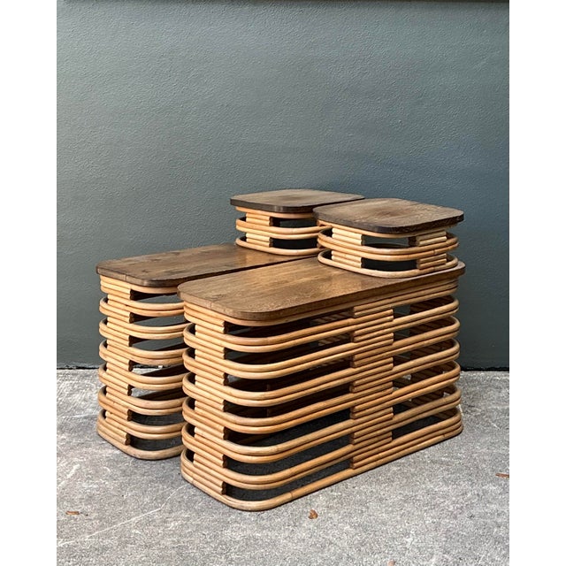 Wood Vintage Stacked Rattan Side Tables After Frankl - A Pair For Sale - Image 7 of 12