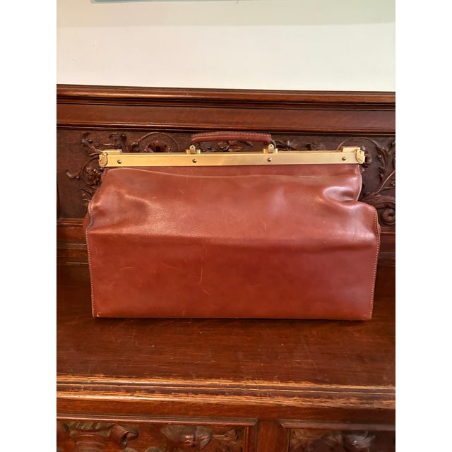 English Vintage Leather Weekender Doctors Style Bag With Brass Frame Made Exclusively for Mercedes-Benz For Sale - Image 3 of 8