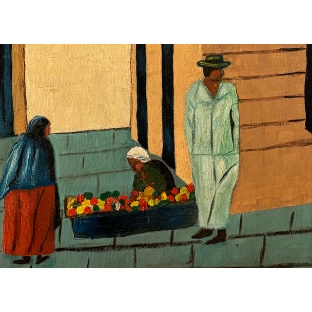Mexican 1970s Folk Art Mexican Painting of a Street Scene With Figures, Signed For Sale - Image 3 of 7