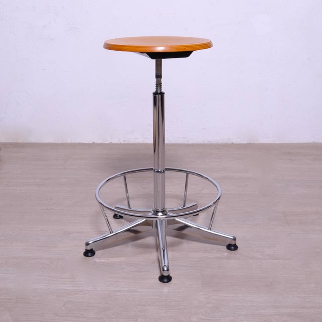 Silver Industrial Adjustable Office Stool in Metal with Wooden Seat For Sale - Image 8 of 16