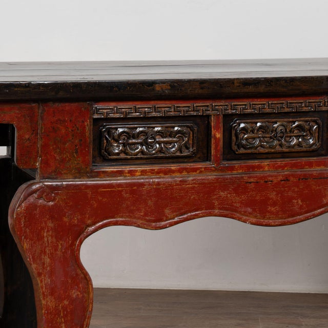 Red 19th Century Chinese Red Altar Console Table With Carved Drawers For Sale - Image 8 of 18