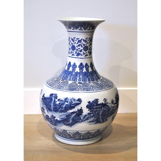 Ceramic 1930s Large Blue White Globular Vase Landscape Pavilions Apocryphal Six-Character Mark For Sale - Image 7 of 14