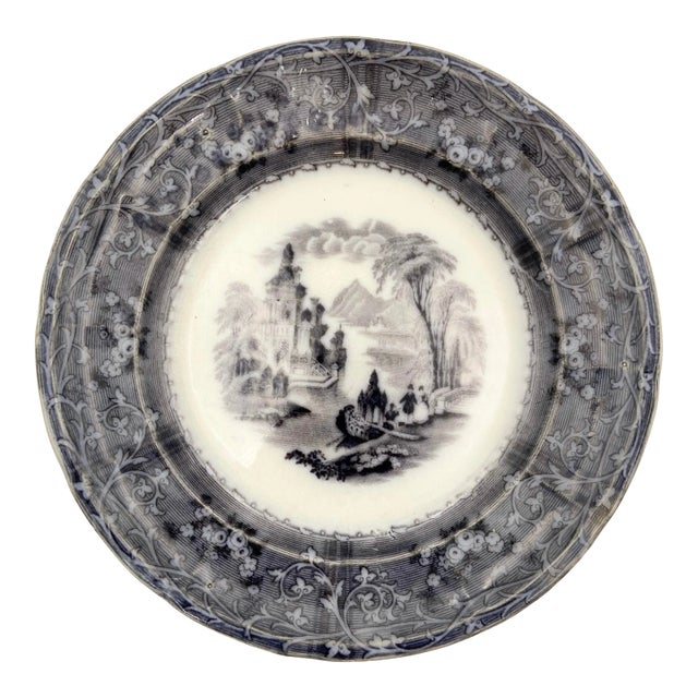 Antique T. J. & J. Mayer Black Mulberry Transferware Plate, “Rhone Scenery” Pattern For Sale