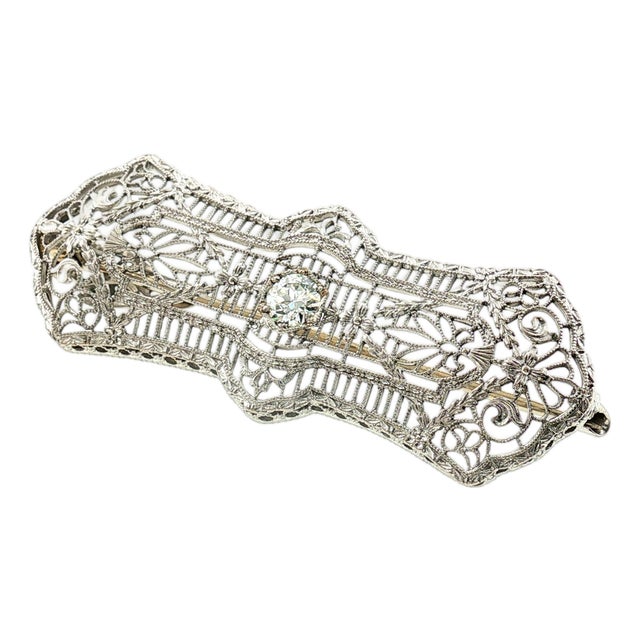 1930's Platinum and 14k White Gold Diamond Filigree Pin/ Pendant For Sale