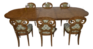 William Doezema for Mastercraft Hollywood Regency Burl Wood Dining Table & 6 Chairs