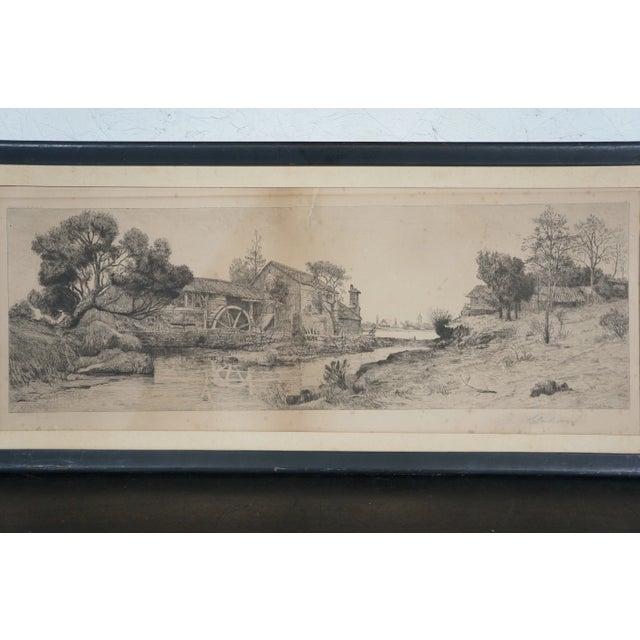 Antique James J Calahan Signed Panaramic Water Mill Riverscape Etching 25" For Sale - Image 10 of 12