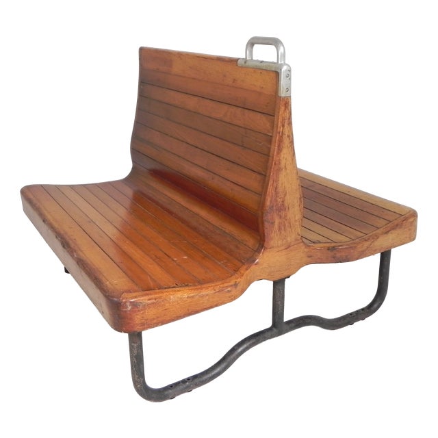 Double-Sided Teak Train Bench, 1930s For Sale