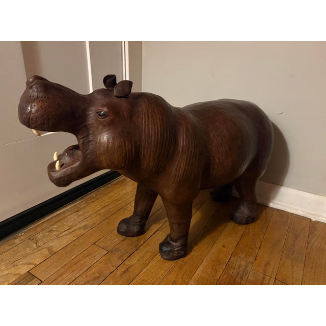 1970s Vintage 1970s Leather Wrapped Hippopotamus Figure With Glass Eyes For Sale - Image 5 of 9