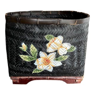 Old Black Basket on a Wood Stand - White Flowers For Sale