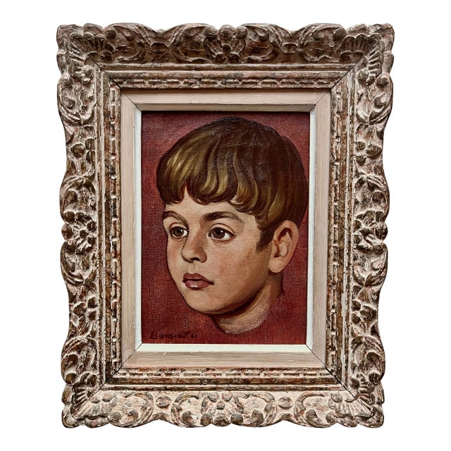 Portrait of a Young Boy-Oil on Canvas Antique French Frame-Signed,,1961 For Sale