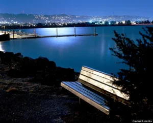 Contemporary Night Photograph "Moonlit Bench" by John Vias
