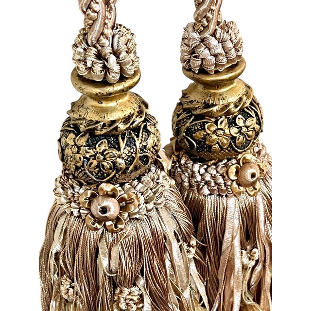 Pair Vintage French Passementerie Tassel Drapery Tiebacks Light Tan For Sale - Image 4 of 7