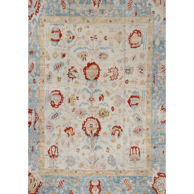 Large Angora Oushak Turkish Rug With All Over Design in Light Blue, Ivory & Red For Sale - Image 4 of 13
