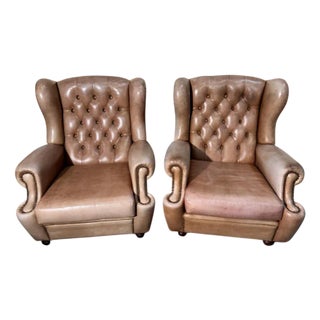 Chesterfield Wingback Chairs in Leather, Set of 2 For Sale