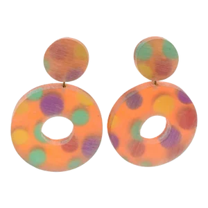Kaso Oversized Lucite Pair of Clip Earrings Orange Donut Multicolor Polka Dots