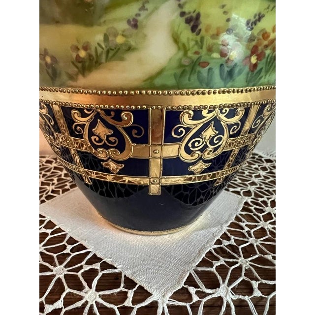 Antique Nippon Porcelain Scenic Vase, Hand-Painted Cobalt Blue & Gold For Sale - Image 9 of 11