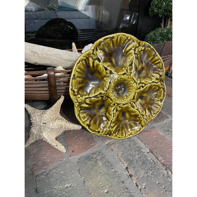1950s French Gien Majolica Olive Green Oyster Plate For Sale - Image 13 of 15