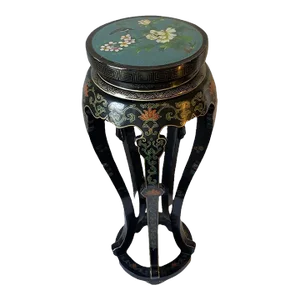 1920s Vintage Cloisonné Black Lacquer Hand Painted Antique Chinese Accent Table