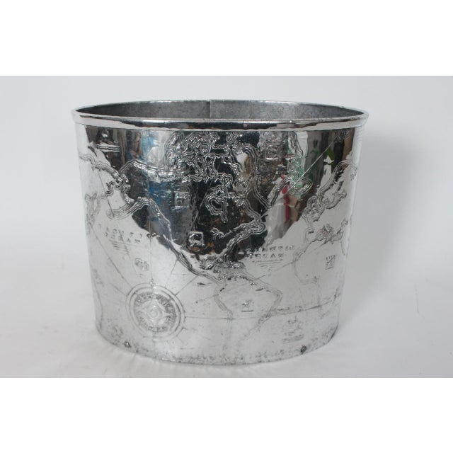 Early 20th Century Arthur Amour Hammered Aluminum "Mariners World Map" Wastepaper Basket, 1930s For Sale - Image 5 of 12