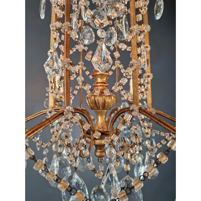 Gilded Iron and Crystal Chandelier Italian Louis XVI Style Antique Neoclassical For Sale - Image 9 of 14