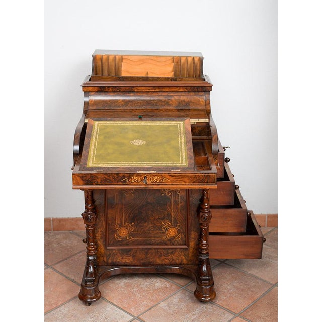Antique Victorian Burl Walnut Writing Desk with Maple Inlay, England, 1800s For Sale - Image 3 of 11