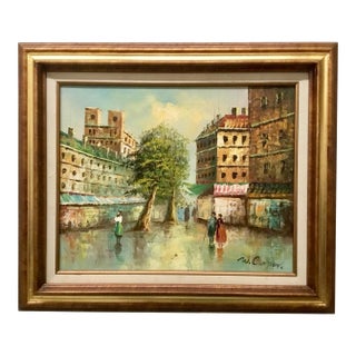 Vintage Mid Century Parisian Cityscape Oil Painting on Canvas For Sale