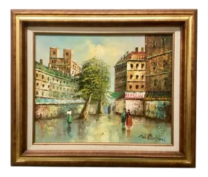 Vintage Mid Century Parisian Cityscape Oil Painting on Canvas