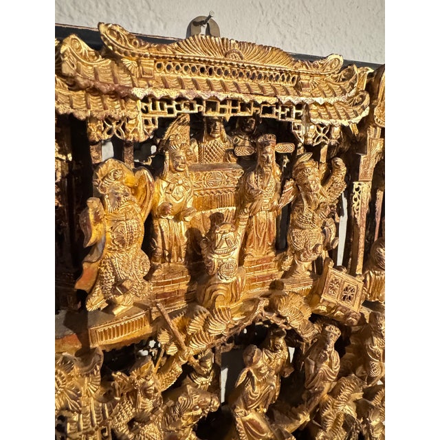 Stunning and intricate antique Chinese carved gilded wooden panel, often referred to as Chaozhou woodcarving. Rectangular...