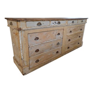 French Multi-Drawer Shop Counter in Pine With Wood Shelves and Brass Brackets For Sale