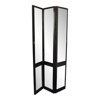 Vintage Three Panel Ebonized Shutter Form Mirrored Room Divider or Screen For Sale