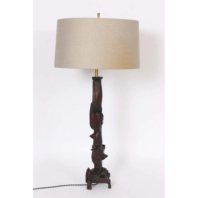 Mid-Century Modern 1969 Tall Smokey Tunis Hand Carved Poplar Table Lamp For Sale - Image 3 of 13