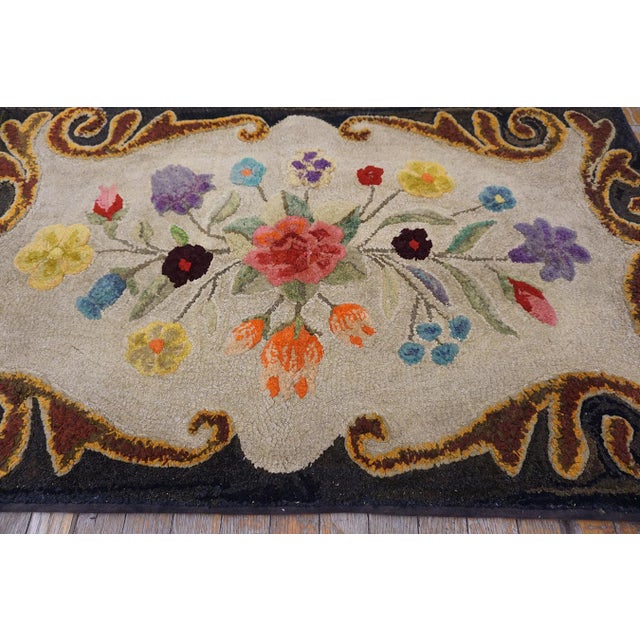 1900s Colorful Floral Folk Art Antique American Hooked Rug 2'6"x 4'0" Handknotted Wool Carpet For Sale - Image 4 of 11