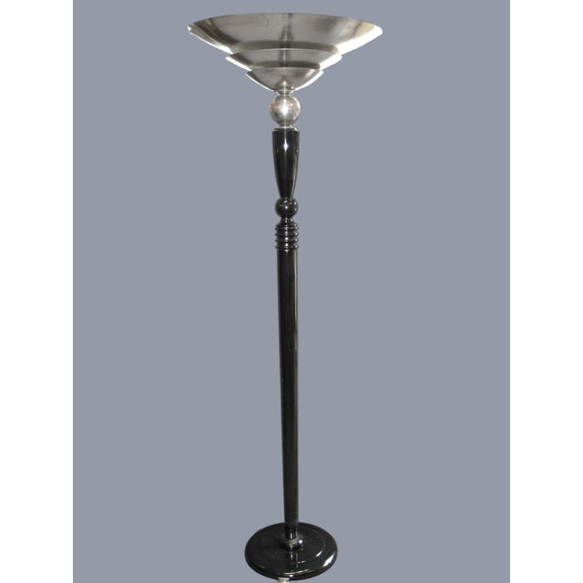 Striking and tall original Art Deco torchere / floor lamp with a sculptural ebonized cordovan brown/ black lacquered...