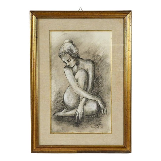 Unknown, Drawing the Essence of Female Beauty and Vulnerability, Nude, 1970s, Wood For Sale