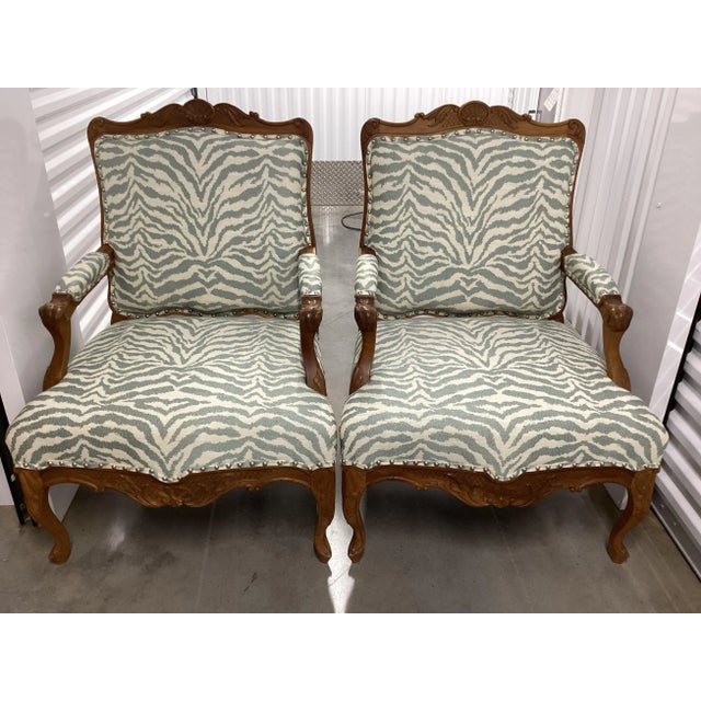 French French Walnut Fauteuils Newly Upholstered in Stroheim Animal Print For Sale - Image 3 of 14