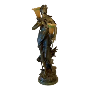 Vintage Bronze Green Patina Sculpture Lamp Flower Girl by Auguste Moreau
