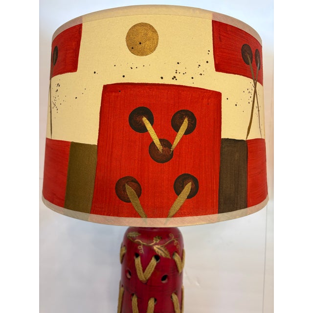 1980s Vintage Hand-Painted Red Southwestern Ceramic Table Lamps - A Pair For Sale - Image 5 of 6