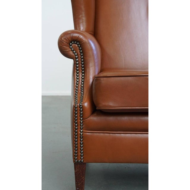English Cognac-Colored Cowhide Wing Chair For Sale - Image 9 of 14