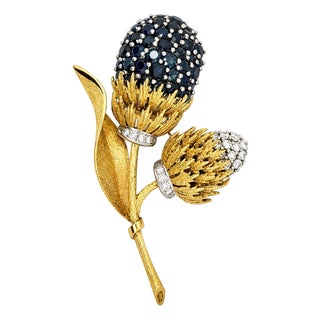 Late 20th Century 18k Sapphire & Diamond Thistle Brooch For Sale