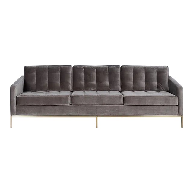 Florence Knoll Sofa in Bronze Gray Performance Velvet With Brushed Brass Base For Sale