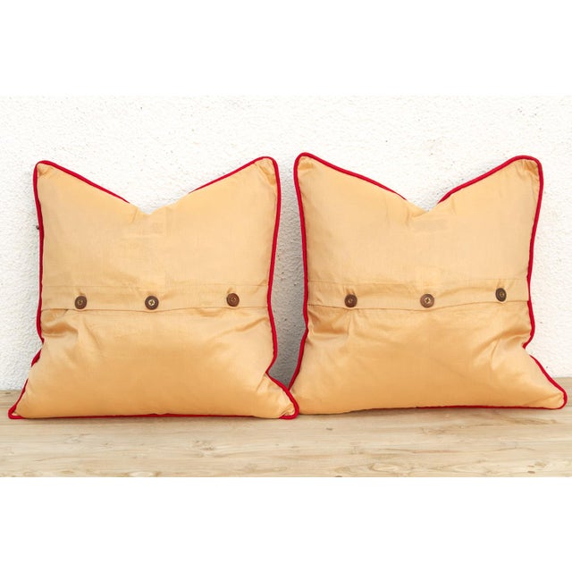 Textile Pair of Gold Zardozi-Embroidered Silk Pillow Covers, Embroidered Band For Sale - Image 7 of 8
