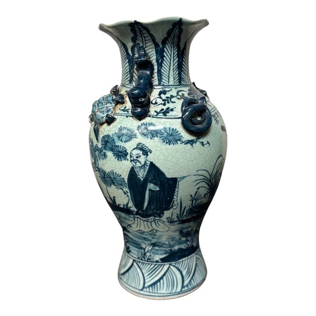 Hand-Painted Antique Chinese Blue Celadon Ceramic Vase With Figures, Turtles For Sale