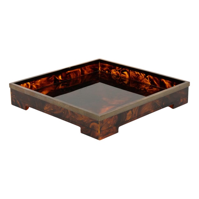 Serving Tray in Acrylic Faux Tortoiseshell and Brass from Christian Dior, 1970s For Sale