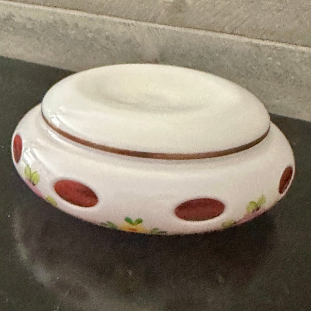Mid-Century Modern Vintage Bohemia Crystalex Art Glass Ashtray White & Pink Floral W/Gold Made in Czechoslovakia For Sale - Image 3 of 7