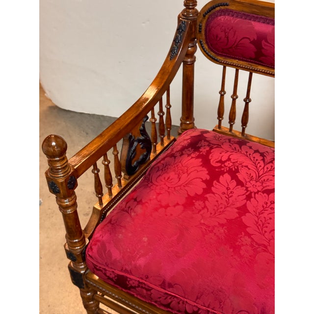 Antique Victorian Red Damask Upholstered Settee For Sale - Image 9 of 12
